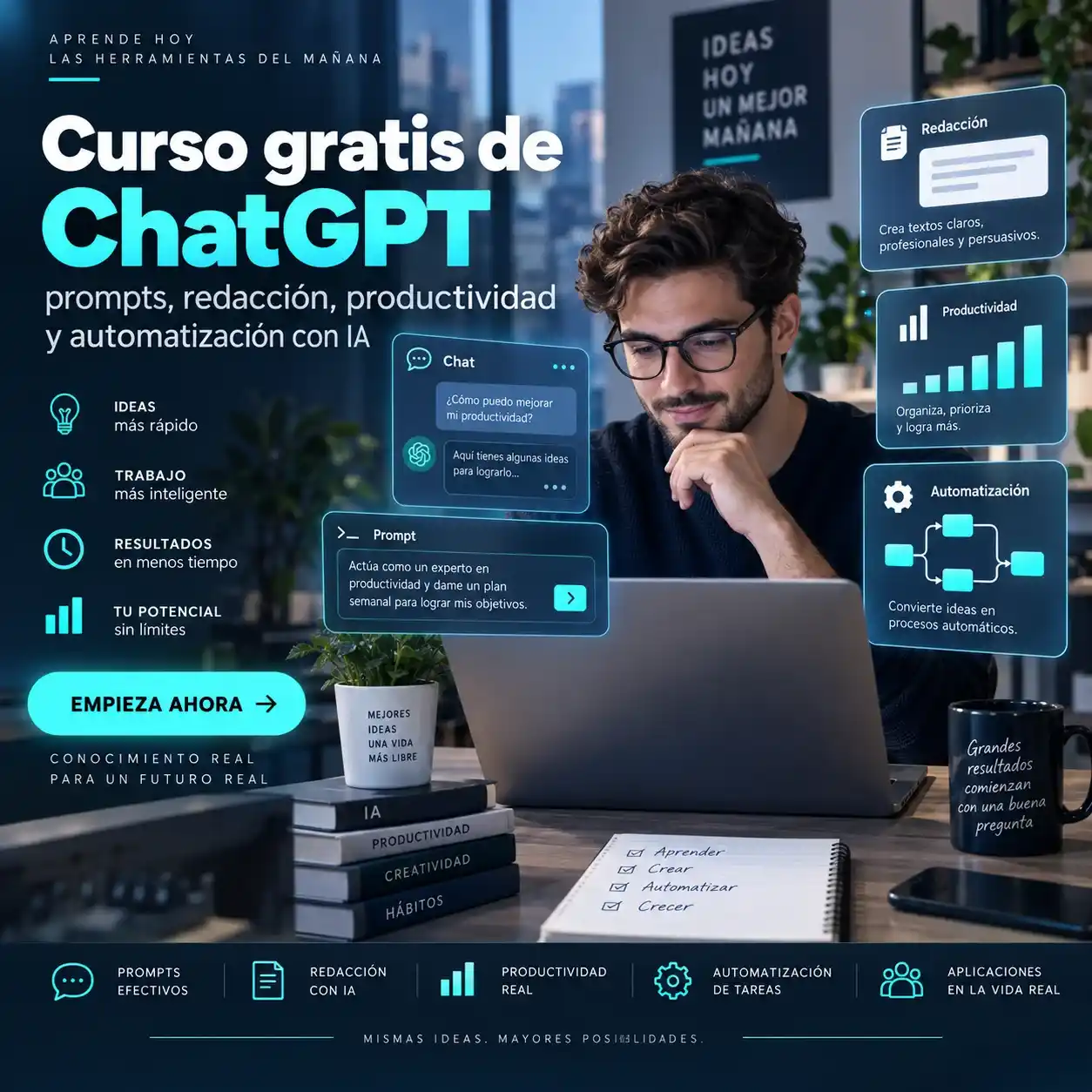 Curso gratis de ChatGPT prompts redacción productividad y automatización con IA