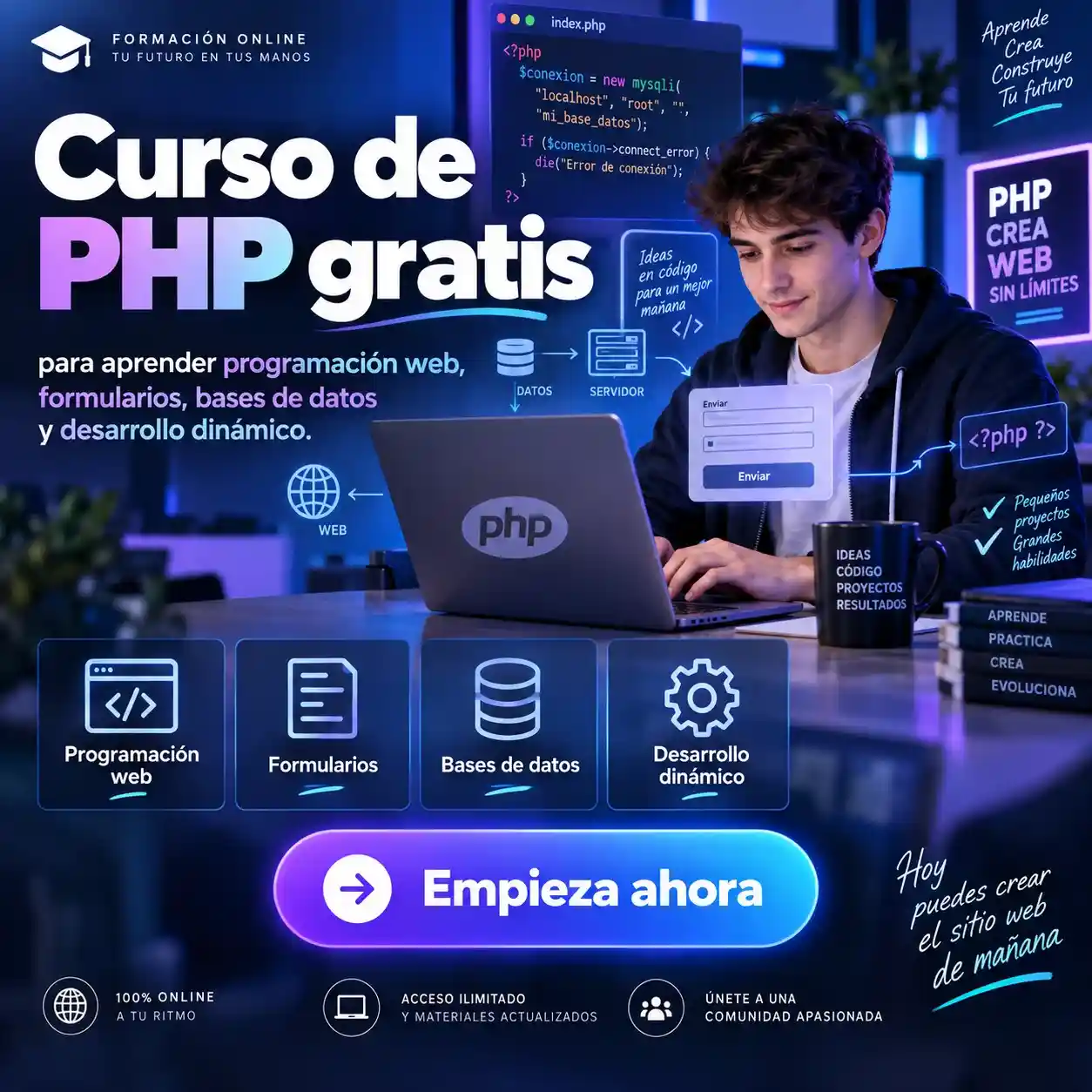 Curso de PHP gratis para aprender programación web formularios bases de datos y desarrollo dinámico