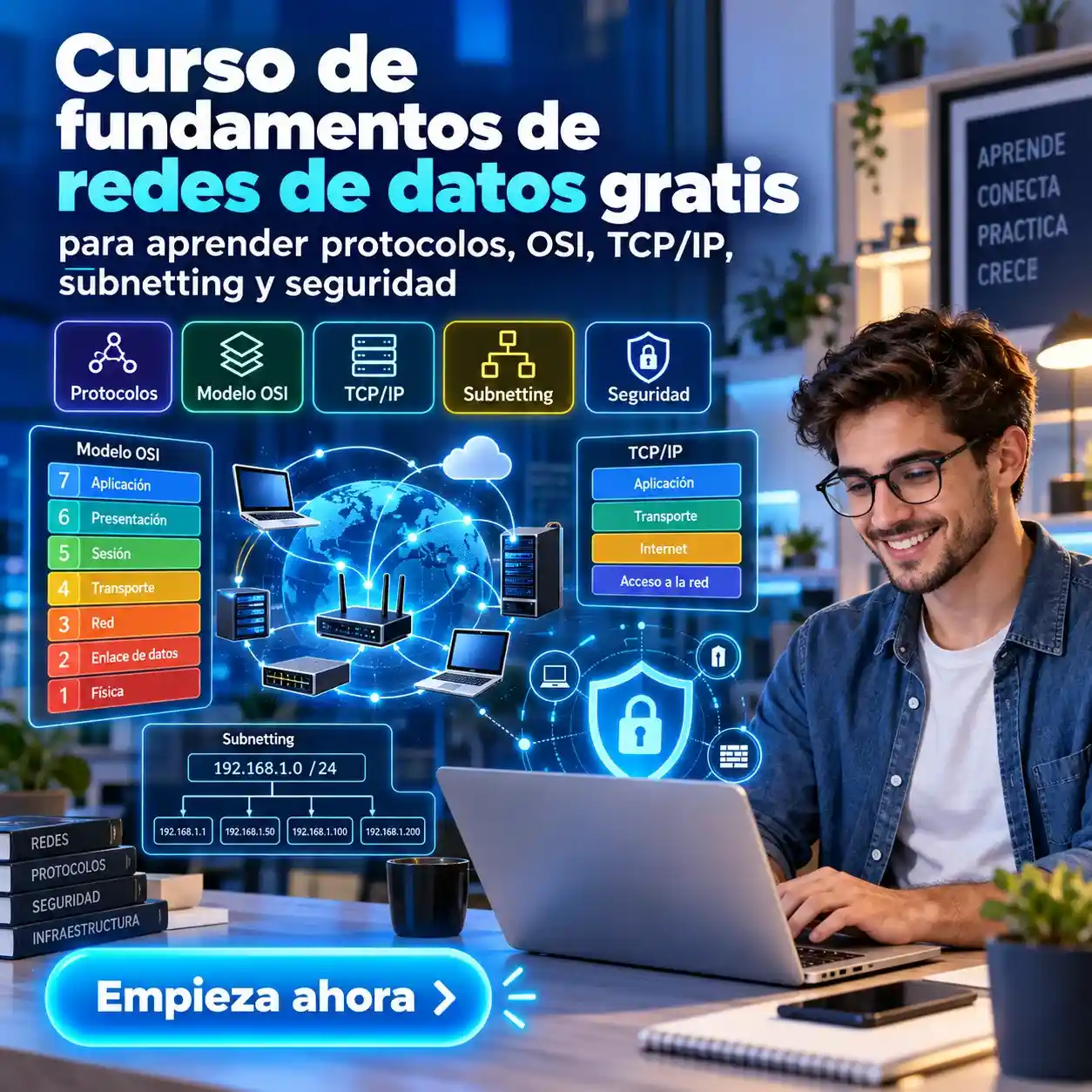 Curso de fundamentos de redes de datos gratis para aprender protocolos OSI TCPIP subnetting y seguridad