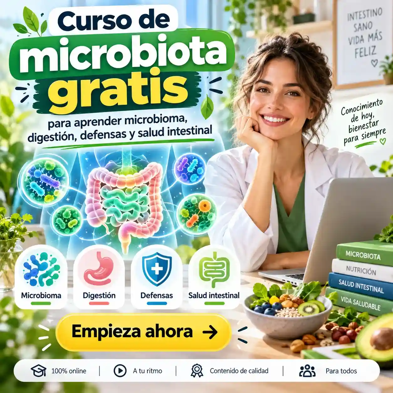 Curso de microbiota gratis para aprender microbioma digestión defensas y salud intestinal
